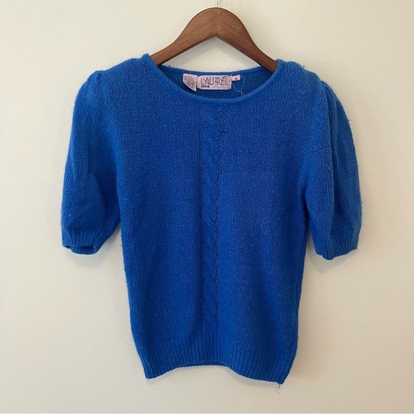 VTG Lautrel Women’s M Shortsleeve Blue Cable Sweater Silk Angora Preppy Cottage - Picture 1 of 8